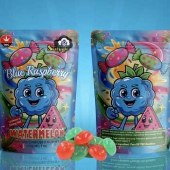 Sky High Edibles – Blue Raspberry + Watermelon 3000mg cannabis-infused gummies in vibrant packaging with colorful gummies displayed.