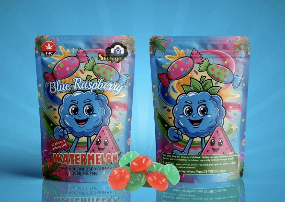Sky High Edibles – Blue Raspberry + Watermelon 3000mg cannabis-infused gummies in vibrant packaging with colorful gummies displayed.