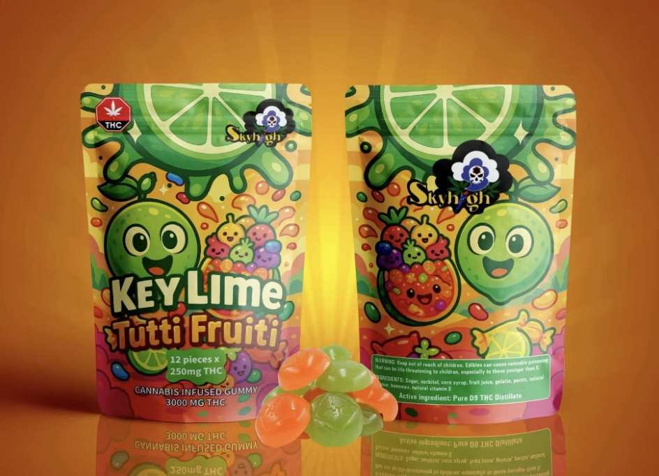 Sky High Edibles – Key Lime + Tutti Frutti 3000mg gummy packaging featuring vibrant colors and playful design.