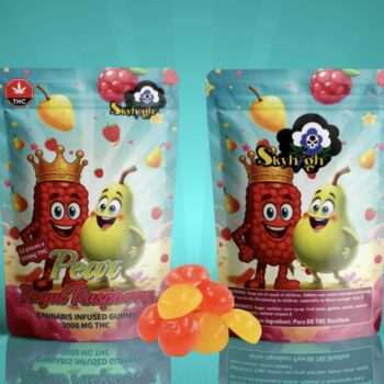 Sky High Edibles – Pear + Royal Raspberry 3000mg gummy packaging featuring vibrant colors and cartoon characters.