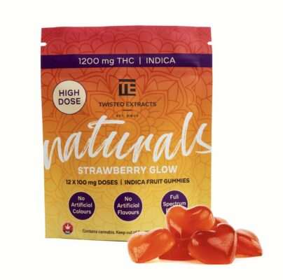 Twisted Extracts Naturals – Strawberry Glow 1200mg (Indica) gummies in vibrant orange packaging, featuring heart-shaped edibles.