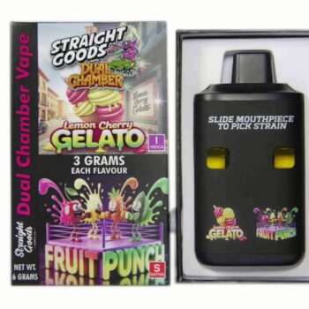 Straight Goods 6G Disposable Pen featuring Lemon Cherry Gelato (Indica) and Fruit Punch (Sativa) in sleek packaging.