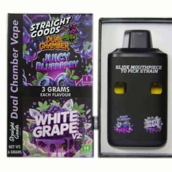 Straight Goods 6G Disposable Pen featuring Juicy Blueberry (Indica) and White Grape V2 (Hybrid) flavors, ideal for cannabis enthusiasts.