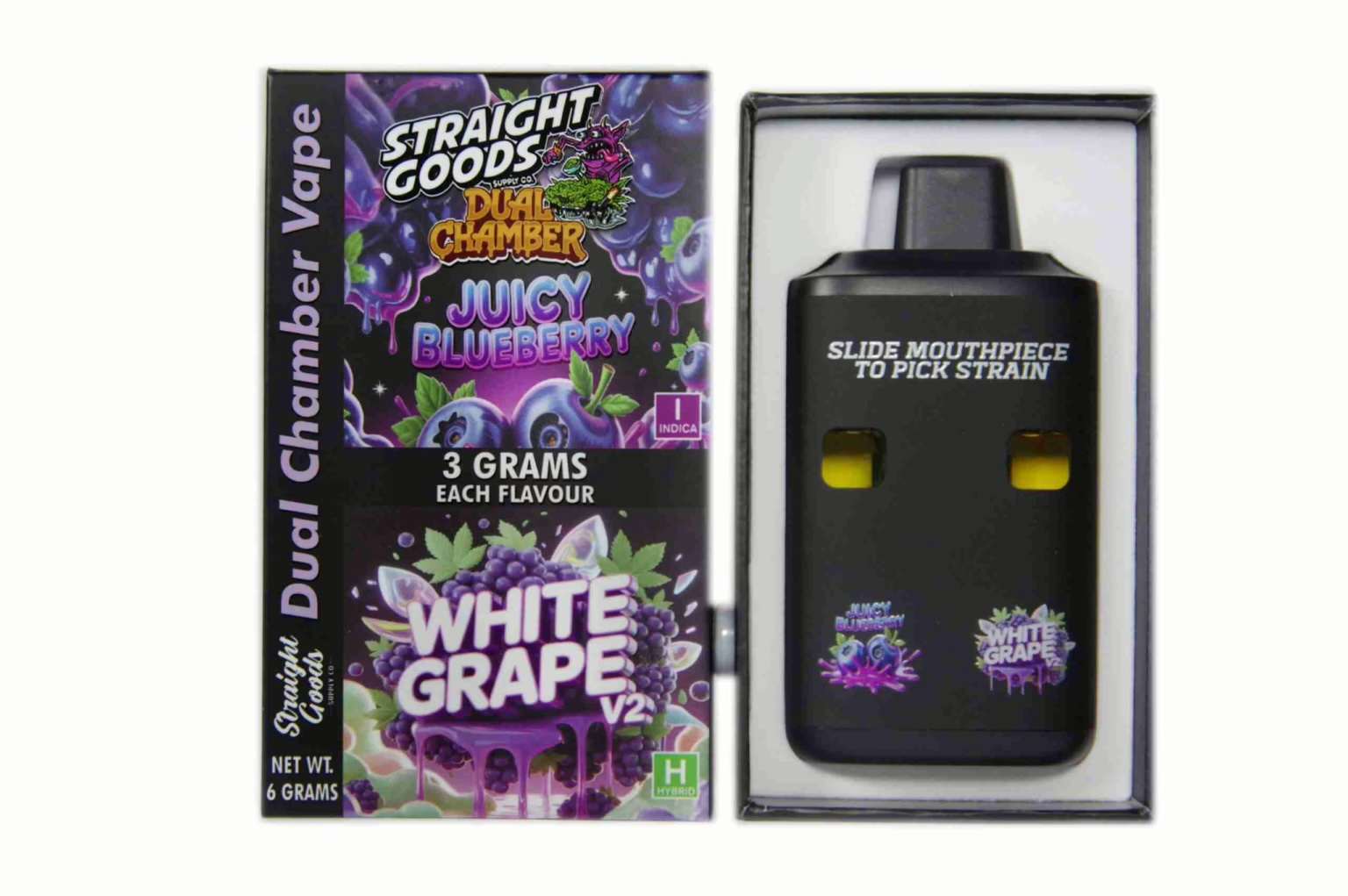 Straight Goods 6G Disposable Pen featuring Juicy Blueberry (Indica) and White Grape V2 (Hybrid) flavors, ideal for cannabis enthusiasts.
