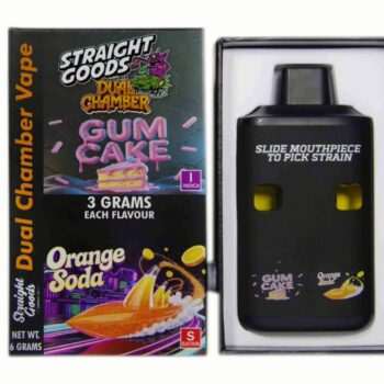 Straight Goods 6G Disposable Pen featuring Gum Cake (Indica) and Orange Soda (Sativa) flavors, ideal for cannabis enthusiasts.