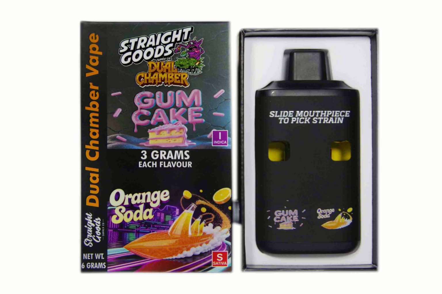 Straight Goods 6G Disposable Pen featuring Gum Cake (Indica) and Orange Soda (Sativa) flavors, ideal for cannabis enthusiasts.