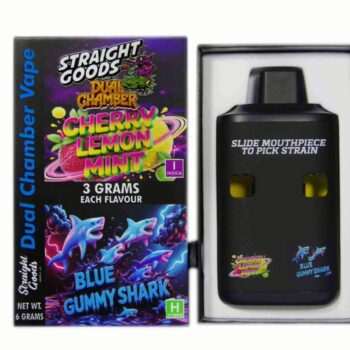 Straight Goods 6G Disposable Pen featuring Cherry Lemon Mint (Indica) and Blue Gummy Shark (Hybrid) flavors, ideal for cannabis delivery.