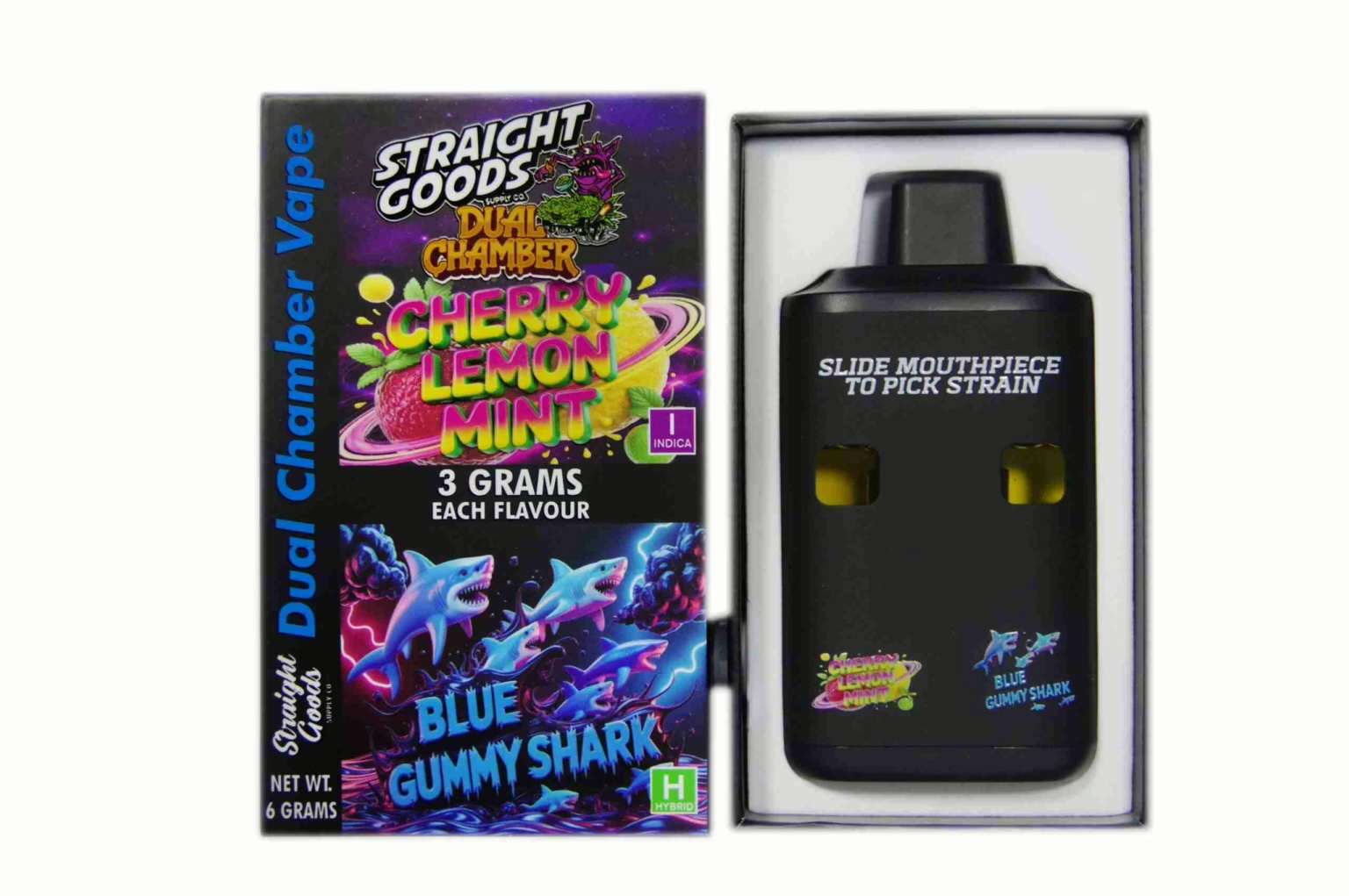 Straight Goods 6G Disposable Pen featuring Cherry Lemon Mint (Indica) and Blue Gummy Shark (Hybrid) flavors, ideal for cannabis delivery.