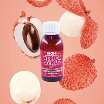 Sky High Edibles THC Syrup – Lychee 3000mg bottle surrounded by fresh lychee fruit, available for same-day delivery in the Fraser Valley.