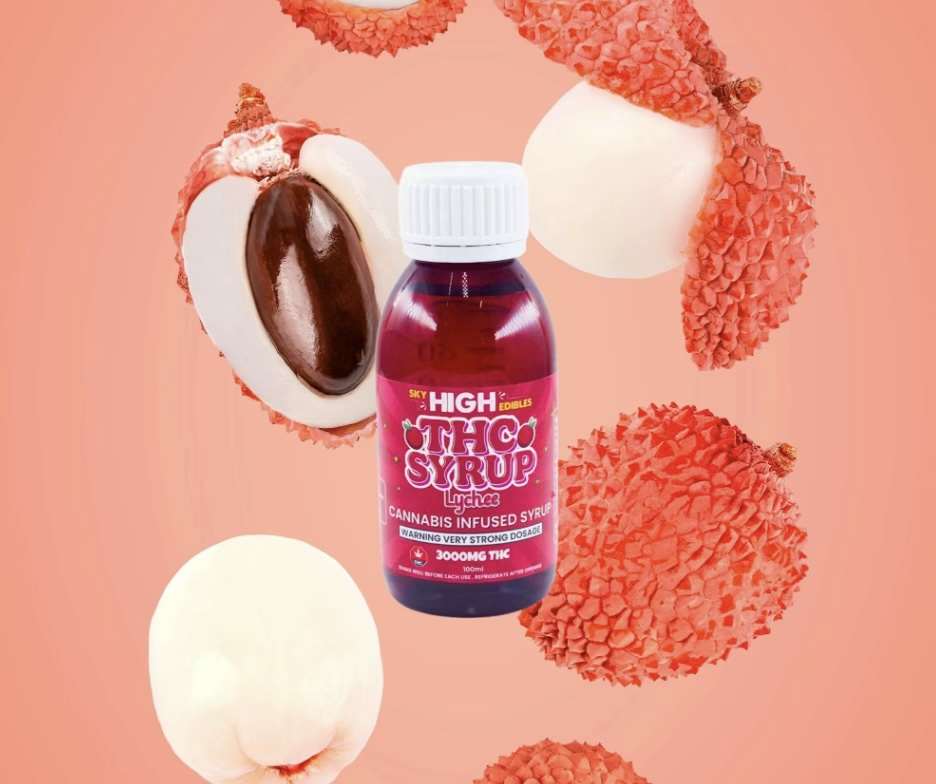 Sky High Edibles THC Syrup – Lychee 3000mg bottle surrounded by fresh lychee fruit, available for same-day delivery in the Fraser Valley.