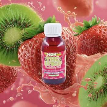 Sky High Edibles THC Syrup – Strawberry Kiwi 3000mg bottle surrounded by fresh fruit, available for same-day delivery in the Fraser Valley.