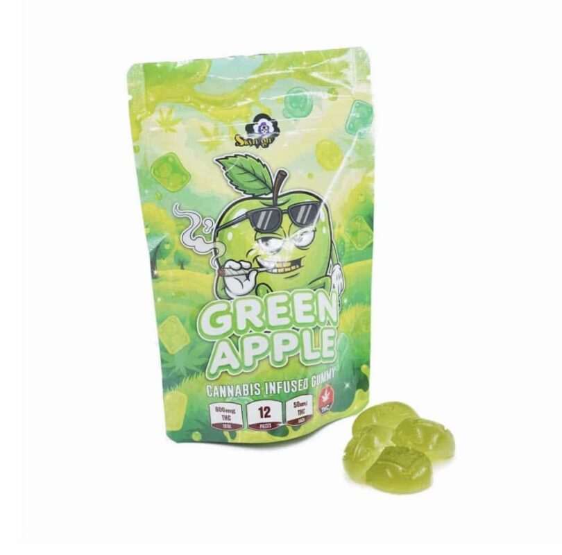 Sky High Edibles Green Apple Gummy 600mg THC bag with green apple cannabis gummies