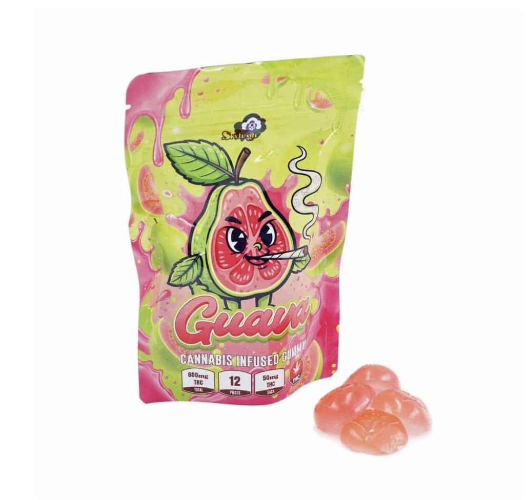 Sky High Edibles Guava Gummy 600mg THC bag with pink guava cannabis gummies