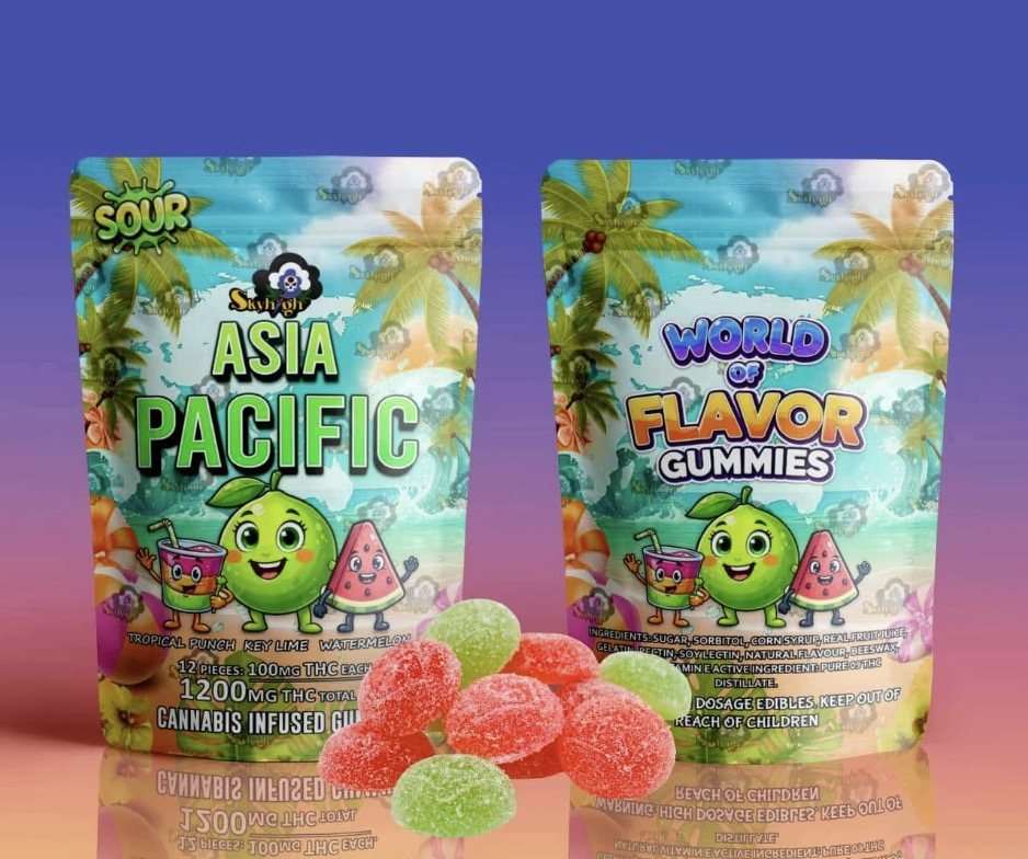 Sky High Edibles World of Flavor Asia Pacific Gummies 1200mg THC bag with sour tropical punch, key lime and watermelon gummies