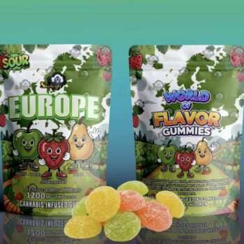 Sky High Edibles World of Flavor Europe Gummies 1200mg THC bag with sour green apple, strawberry and pear gummies