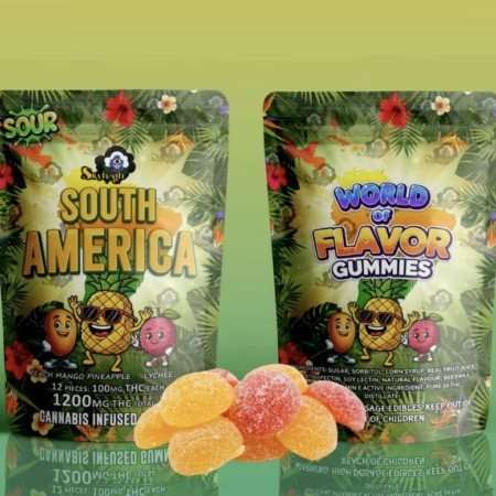 Sky High Edibles World of Flavor South America Gummies 1200mg THC bag with sour peach mango pineapple and lychee gummies