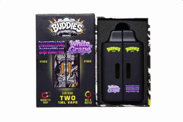Buddies Brand 2G Dual Chamber Vape (2 x 1 Gram) – Blueberry Sour Raspberry Ice (H) + White Grape V2 (H)