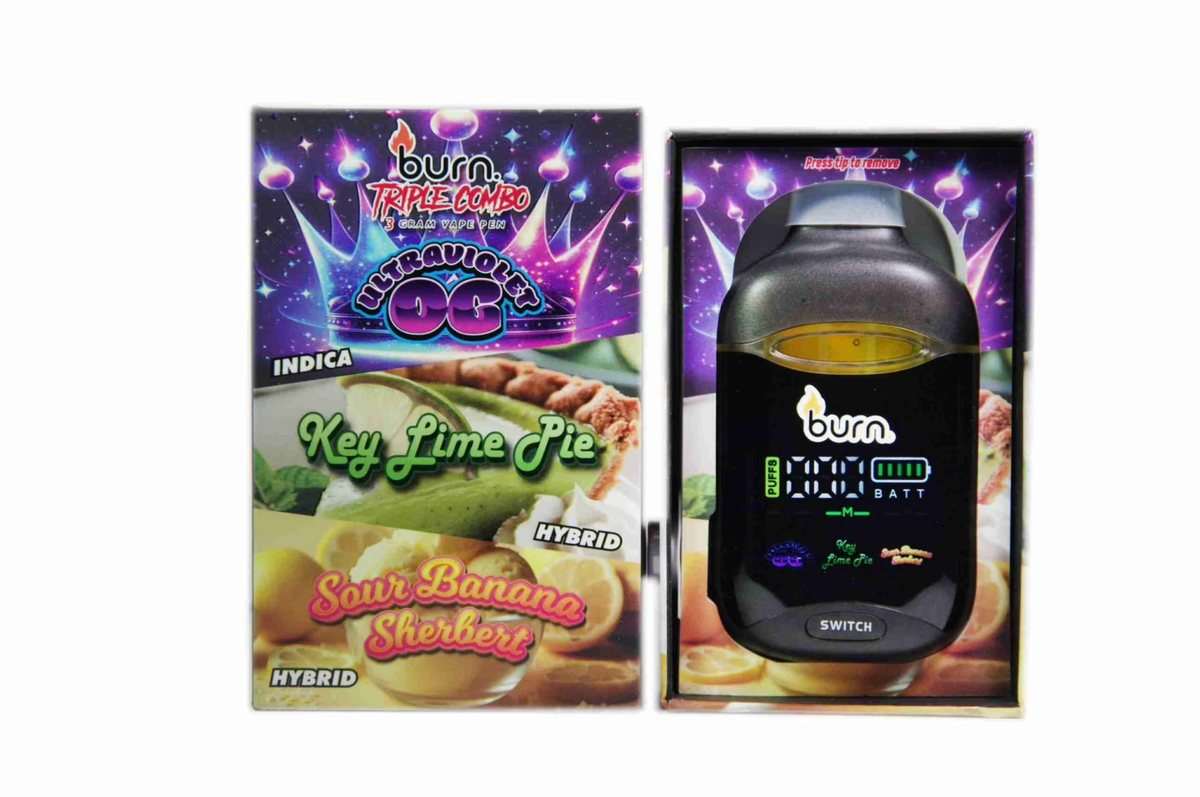 Burn 3G Triple Combo Vape (3 x 1 Gram) - Ultraviolet OG (I) + Key Lime Pie (H) + Sour Banana Sherbert (H)