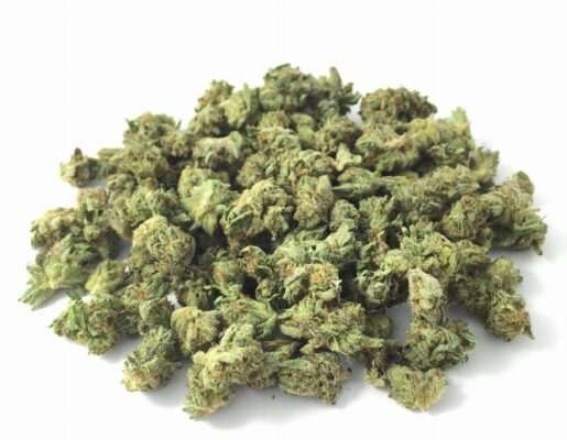 Close-up image of Green Crack Smalls popcorn buds, a AAA sativa cannabis flower with a THC range of 18%-23%.