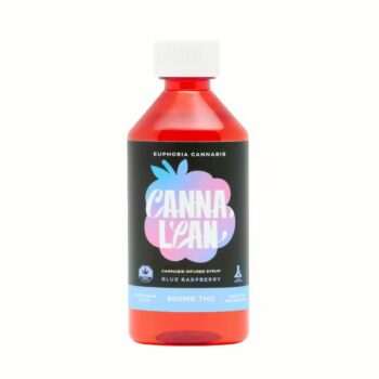 A bottle of Euphoria Canna Lean – Blue Raspberry 900mg cannabis infused syrup with a white cap, isolated against a plain white background.