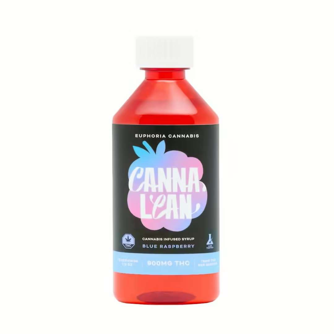 A bottle of Euphoria Canna Lean – Blue Raspberry 900mg cannabis infused syrup with a white cap, isolated against a plain white background.