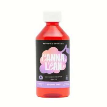 A bottle of Euphoria Canna Lean – Grape 900mg cannabis-infused syrup featuring a purple grape graphic on a black label against a white background.