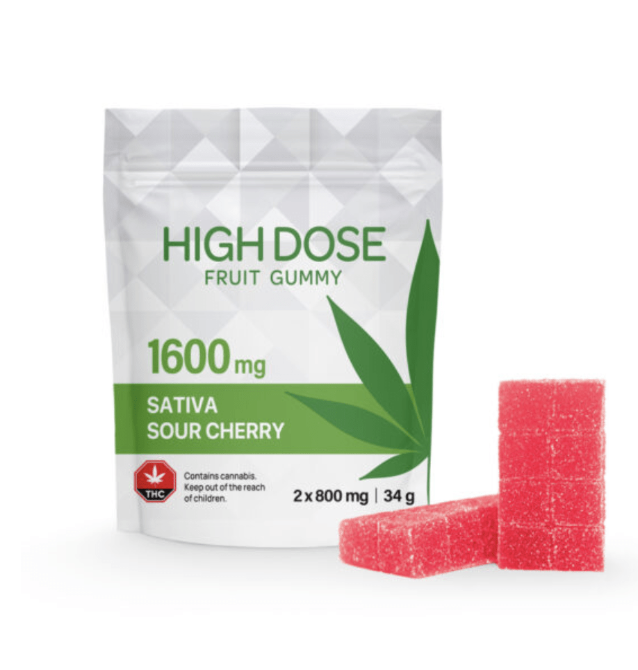 High Dose Sativa Sour Cherry fruit gummy package containing 1600mg of THC, shown with two red sugar-coated edible gummy blocks on a white background.