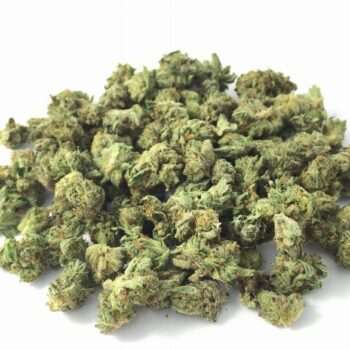 Close-up image of Rockstar Smalls popcorn buds, a AAA indica cannabis flower with a THC range of 18%-23%.