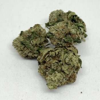White Widow AA hybrid cannabis flower buds, frosty light-green nugs with orange pistils, THC 16-19%
