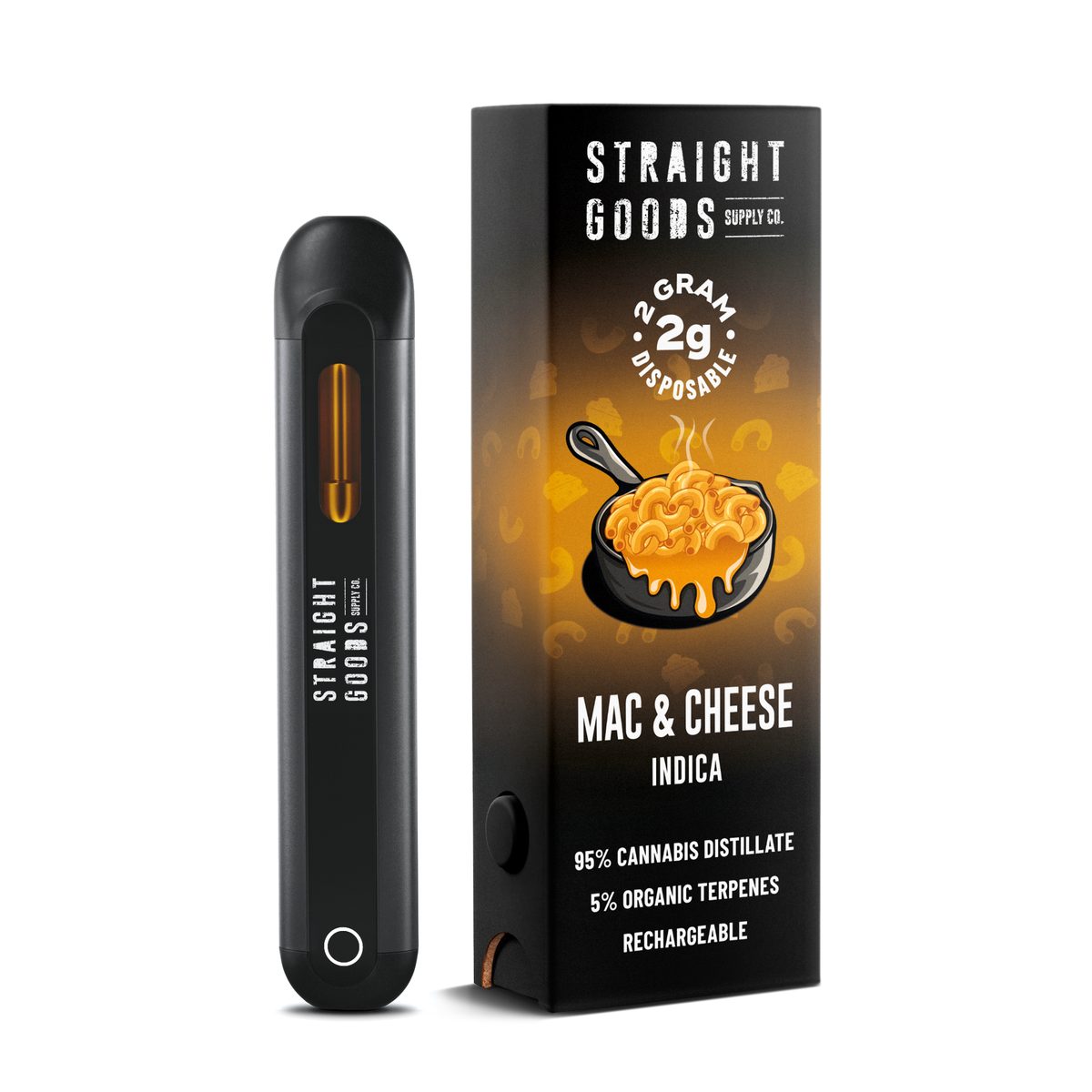 *NEW* Straight Goods 2 GRAM Disposables – Mac & Cheese (Indica) 3 Image of the *NEW* Straight Goods 2 GRAM Disposables – Mac & Cheese (Indica) showing the sleek device and product packaging with mac and cheese imagery.